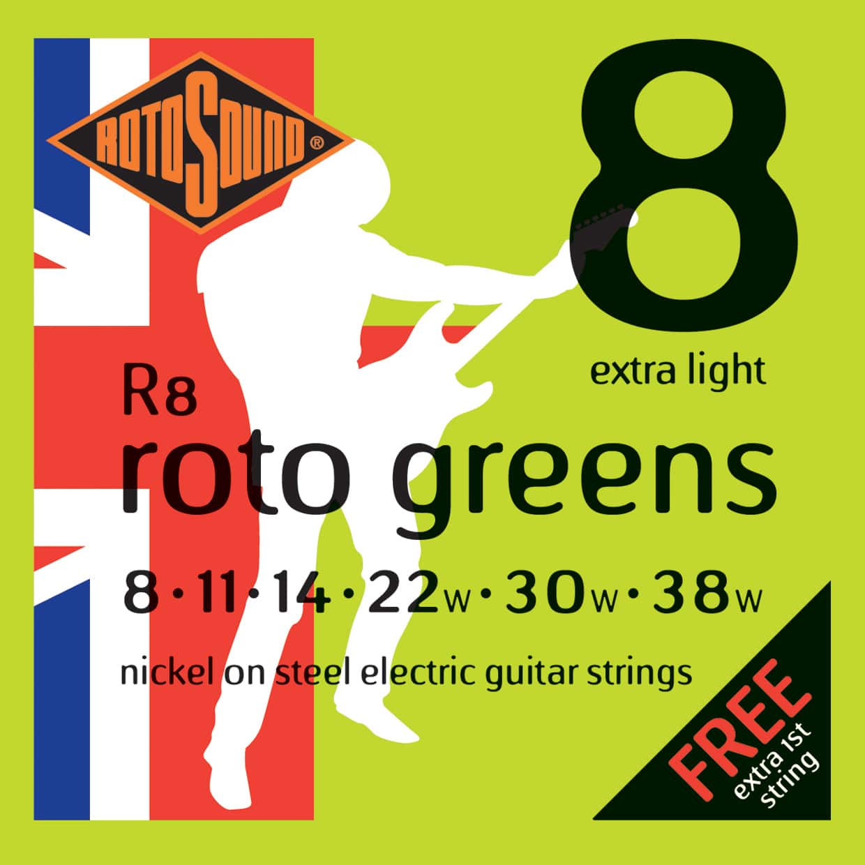 ROTOSOUND R8, 008 8-38 ekstra light elguitar strenge