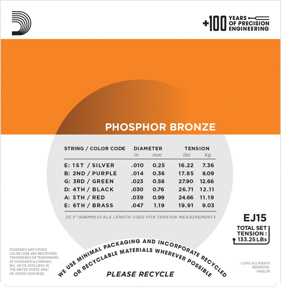 Daddario EJ15 phosphor bronze western guitar strenge 10-47 extra light