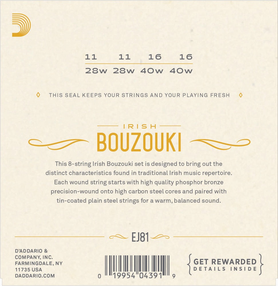 D'Addario Fretted EJ81 Strängset Irsk Bouzouki Fosfor Bronze 011-040