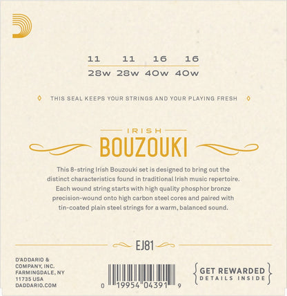 D'Addario Fretted EJ81 Strängset Irsk Bouzouki Fosfor Bronze 011-040