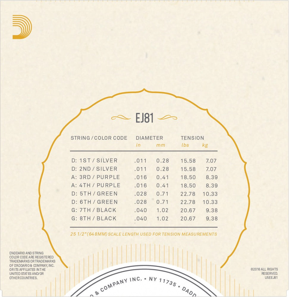D'Addario Fretted EJ81 Strängset Irsk Bouzouki Fosfor Bronze 011-040