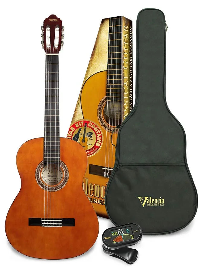Valencia VC104K (pakke) klassisk fuldskala guitar med taske og clip-tuner