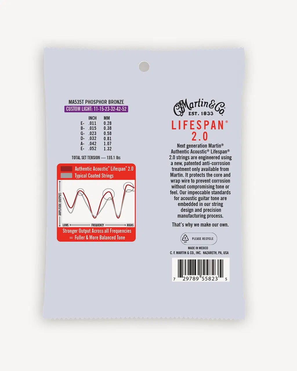 MARTIN 11 Coated, MA535T Authentic Acoustic Lifespan® 2.0 Custom Light (.011 – .052) 92/8 Phosphor Br