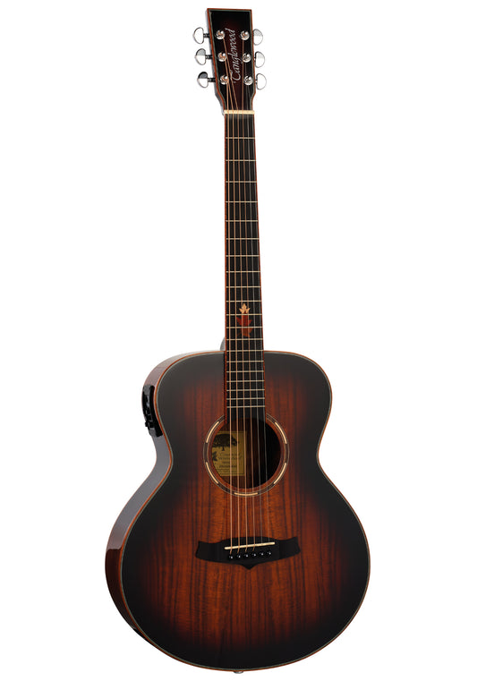 Tanglewood TWX1EK Mini Folk akustisk guitar Premium Plus EQ System All Figured Koa Solid Top - Autumn Burst Gloss